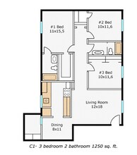 3 Bedroom, 2 Bathroom 135 floor plan